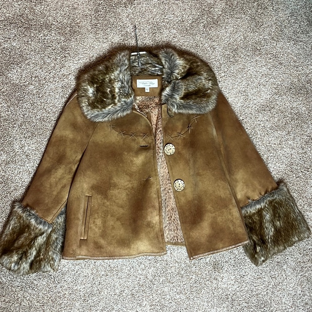Tasha Polizzi Suede Jacket with faux Rabbit Fur Trim